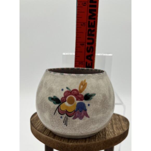 Vintage Hand Painted Pottery Bowl Floral Checkered Top - Picture 5 of 5